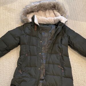 Women's Dark Green Puffer Coat with Faux Fur Hood
